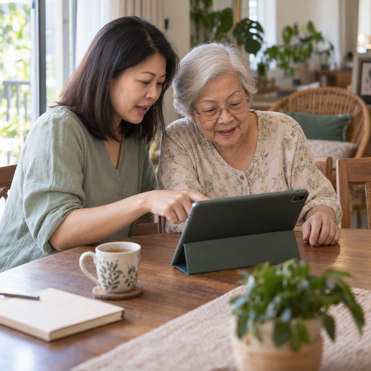 A daughter and her elderly mother reviewing helper biodata together on a tablet at the dining table
