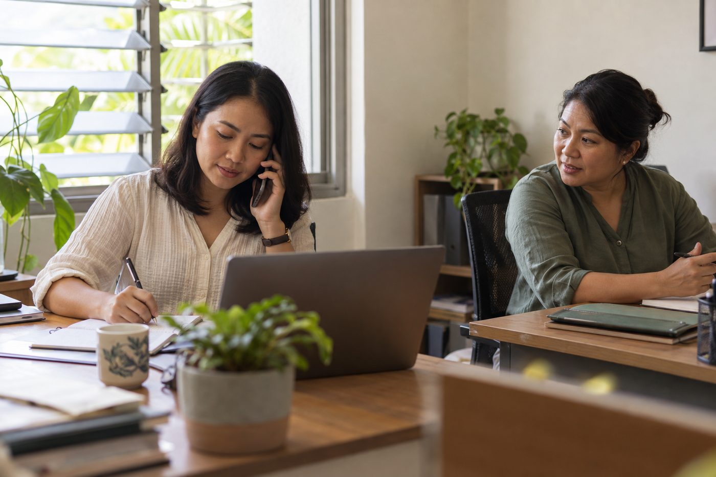 Two TC Resources consultants at work in the office, one taking a call