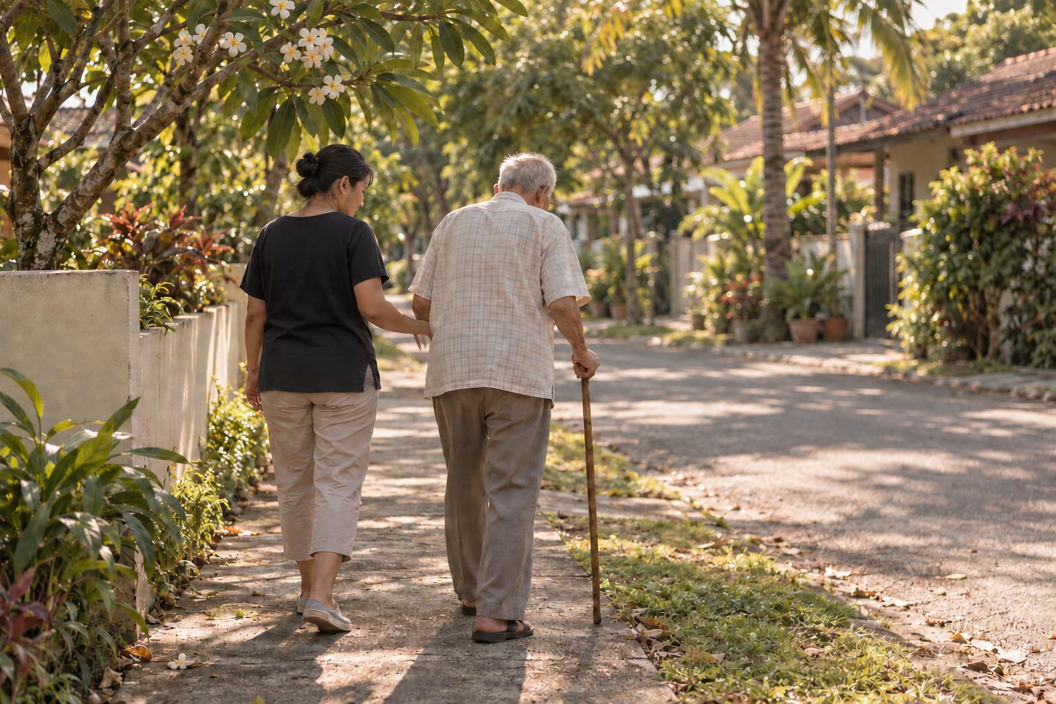 A helper walking beside an elderly man with a walking stick along a tree-lined Malaysian street