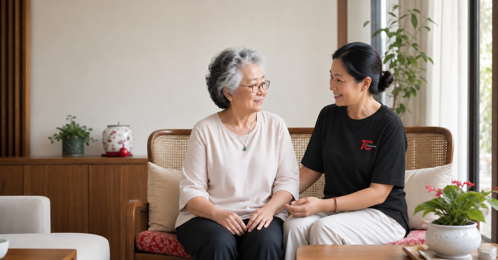 An elderly woman and her helper sitting together on a rattan sofa